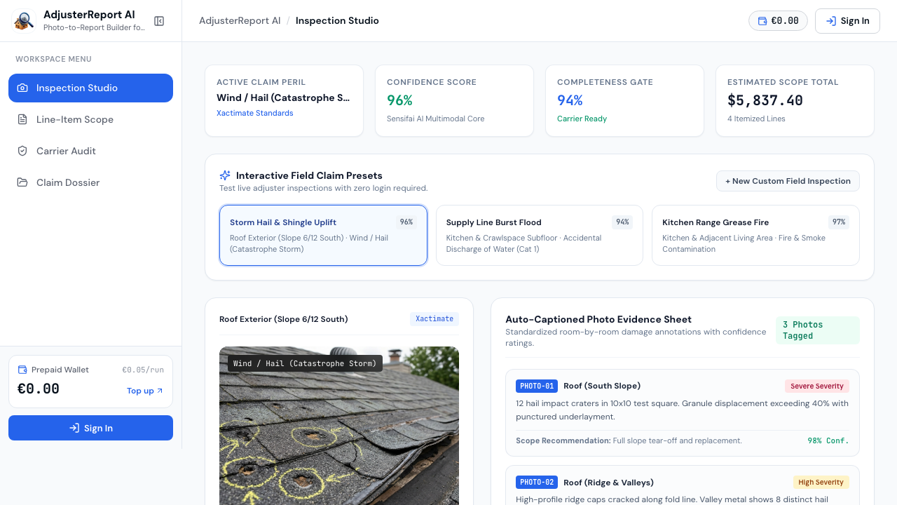 AdjusterReport AI Live Interface Preview